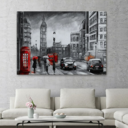 İngiltere Londra Kırmızı ve Siyah Ton Yağlıboya Görünüm Dekoratif Kanvas Tablo, Duvar Dekoru 3543