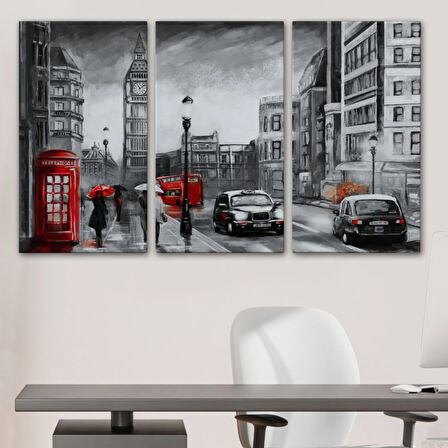 İngiltere Londra Kırmızı ve Siyah Ton Yağlıboya Görünüm Dekoratif Kanvas Tablo, Duvar Dekoru 3543