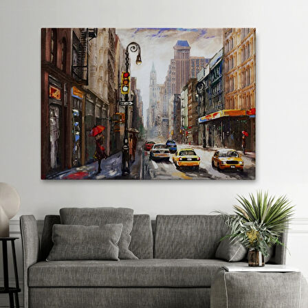 Yağlıboya Görünüm Sarı Taksi ve NewYork Sokakları Dekoratif Kanvas Tablo, Duvar Dekoru 3550