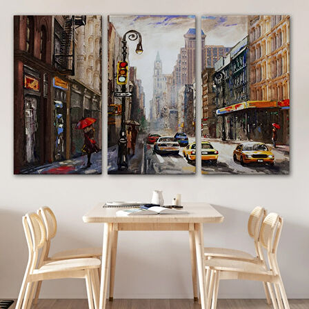 Yağlıboya Görünüm Sarı Taksi ve NewYork Sokakları Dekoratif Kanvas Tablo, Duvar Dekoru 3550