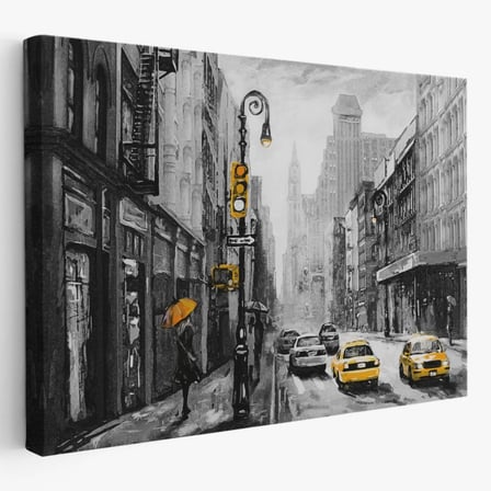 Yağlıboya Görünüm Sarı Taksi ve NewYork Sokakları Dekoratif Kanvas Tablo, Duvar Dekoru 3552
