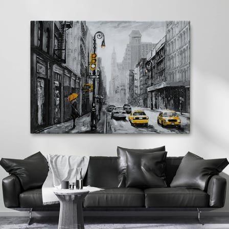 Yağlıboya Görünüm Sarı Taksi ve NewYork Sokakları Dekoratif Kanvas Tablo, Duvar Dekoru 3552