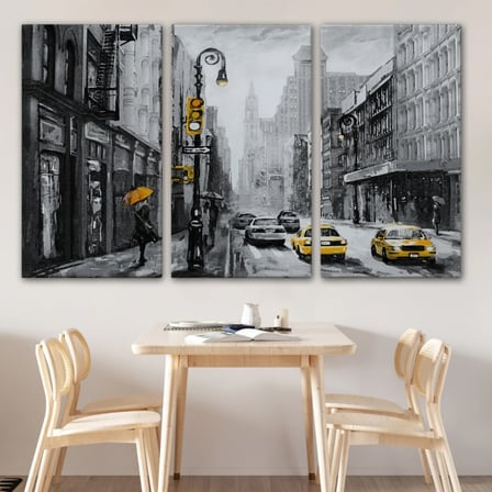 Yağlıboya Görünüm Sarı Taksi ve NewYork Sokakları Dekoratif Kanvas Tablo, Duvar Dekoru 3552