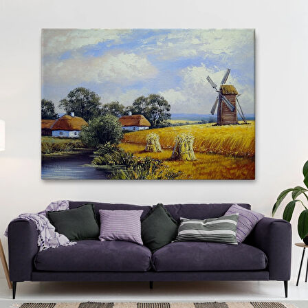 Buğday Tarlası Ve Değirmen Doğa Yağlıboya Görünüm Dekoratif Kanvas Tablo, Duvar Dekoru 3556