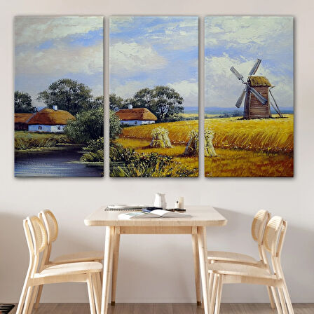 Buğday Tarlası Ve Değirmen Doğa Yağlıboya Görünüm Dekoratif Kanvas Tablo, Duvar Dekoru 3556