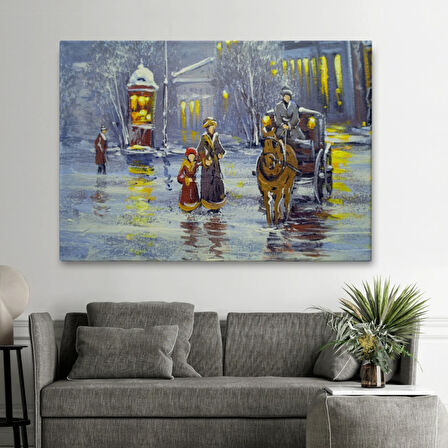 Yağlıboya Görünüm At Arabası ve Eski Şehir Dekoratif Kanvas Tablo, Duvar Dekoru 3573