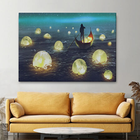 Yağlıboya Görünüm Denizdeki Ayları Toplayan Adam Dekoratif Kanvas Tablo, Duvar Dekoru 3575