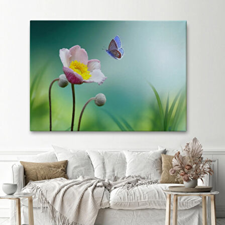 Kelebek ve Zarif Çiçek Dekoratif Kanvas Tablo, Duvar Dekoru 3579