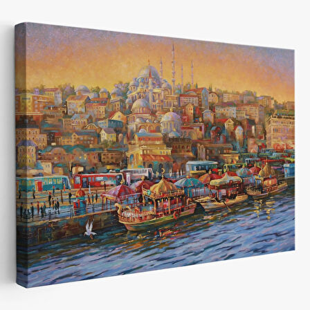 Yağlıboya Görünüm Balıkçı Tekneleri Eminönü Dekoratif Kanvas Tablo, Duvar Dekoru 3598