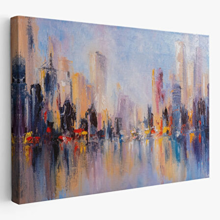 Yağlıboya Görünüm Şehir ve Su Yansımaları Dekoratif Kanvas Tablo, Duvar Dekoru 3626