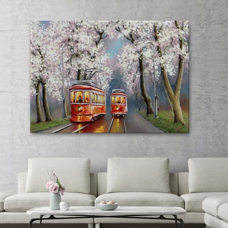 Yağlıboya Görünüm Kırmızı Tramvaylar Dekoratif Kanvas Tablo, Duvar Dekoru 3638