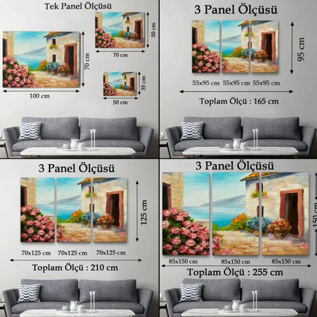 Deniz Manzaralı Ev ve Çiçekler Dekoratif Kanvas Tablo, Duvar Dekoru 3640