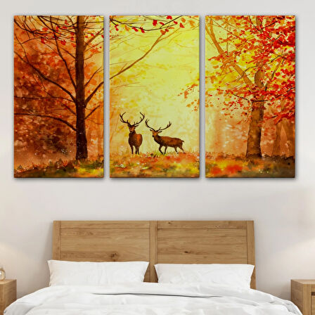 Yağlıboya Görünüm Ormandaki Geyikler ve Sonbahar Dekoratif Kanvas Tablo, Duvar Dekoru 3643