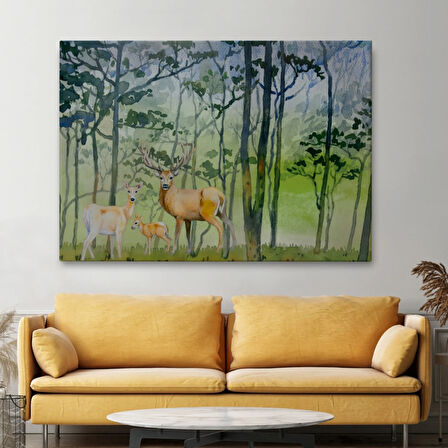 Suluboya Görünüm Geyikler Dekoratif Kanvas Tablo, Duvar Dekoru 3648