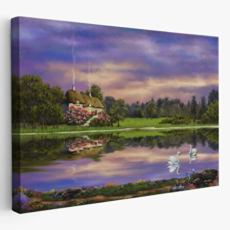 Yağlıboya Görünüm Göl Kıyısındaki Orman Evi Dekoratif Kanvas Tablo, Duvar Dekoru 3678