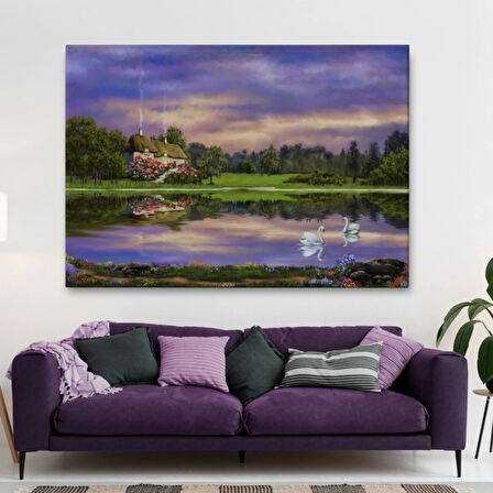 Yağlıboya Görünüm Göl Kıyısındaki Orman Evi Dekoratif Kanvas Tablo, Duvar Dekoru 3678