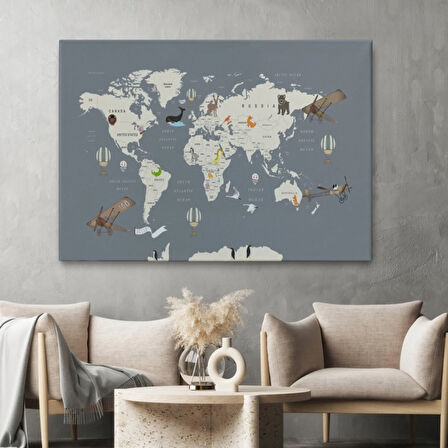 Hayvan ve Uçak Temalı Öğretici İngilizce Dünya Haritası Dekoratif Kanvas Tablo, Duvar Dekoru 3698