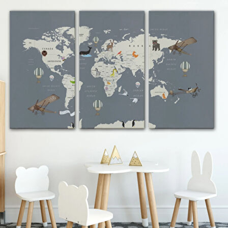 Hayvan ve Uçak Temalı Öğretici İngilizce Dünya Haritası Dekoratif Kanvas Tablo, Duvar Dekoru 3698