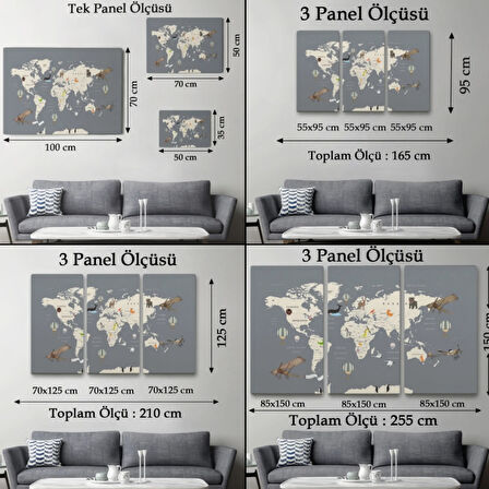 Hayvan ve Uçak Temalı Öğretici İngilizce Dünya Haritası Dekoratif Kanvas Tablo, Duvar Dekoru 3698