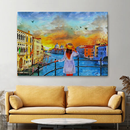 Yağlıboya Görünüm Venedik Kanalı ve Kız Dekoratif Kanvas Tablo, Duvar Dekoru 3699