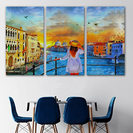 Yağlıboya Görünüm Venedik Kanalı ve Kız Dekoratif Kanvas Tablo, Duvar Dekoru 3699