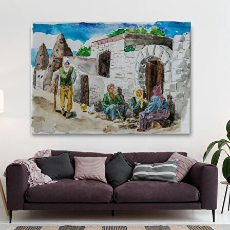 Kapadokya Göremedeki Köy Hayatı Yaşam Suluboya Görünüm Dekoratif Kanvas Tablo, Duvar Dekoru 3756