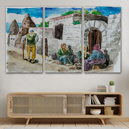 Kapadokya Göremedeki Köy Hayatı Yaşam Suluboya Görünüm Dekoratif Kanvas Tablo, Duvar Dekoru 3756