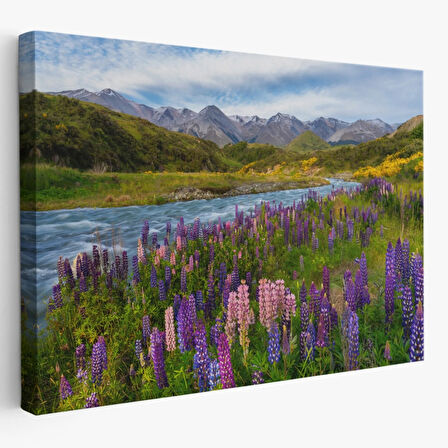 Nehir Dağ ve Mor Bakla Çiçekleri Dekoratif Kanvas Tablo, Duvar Dekoru 3759