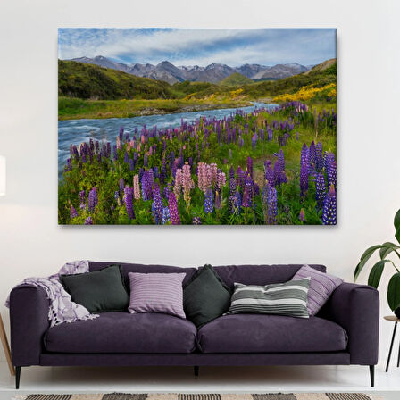 Nehir Dağ ve Mor Bakla Çiçekleri Dekoratif Kanvas Tablo, Duvar Dekoru 3759