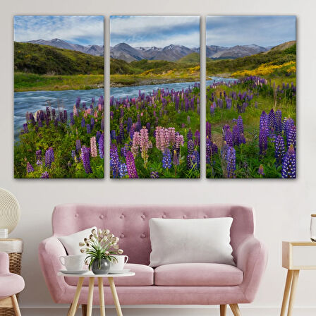 Nehir Dağ ve Mor Bakla Çiçekleri Dekoratif Kanvas Tablo, Duvar Dekoru 3759