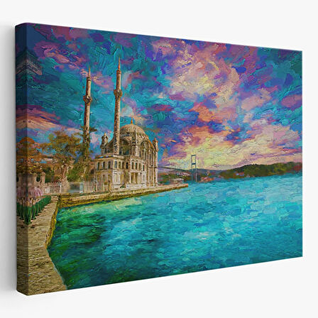 Yağlıboya Görünüm Camii ve Deniz Dekoratif Kanvas Tablo, Duvar Dekoru 3760