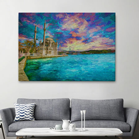 Yağlıboya Görünüm Camii ve Deniz Dekoratif Kanvas Tablo, Duvar Dekoru 3760