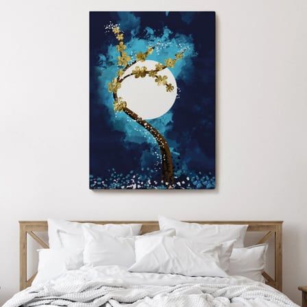 Ay ve Altın Çiçekli Ağaç Soyut Çağdaş Sanat Dekoratif Kanvas Tablo, Duvar Dekoru 4971