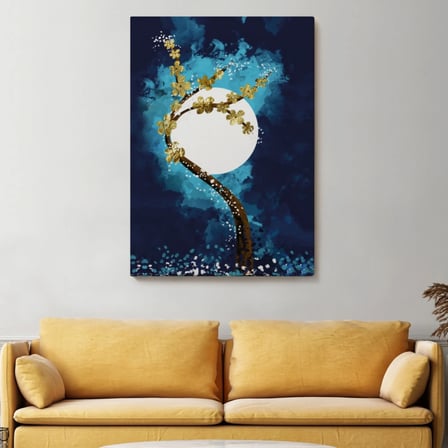 Ay ve Altın Çiçekli Ağaç Soyut Çağdaş Sanat Dekoratif Kanvas Tablo, Duvar Dekoru 4971