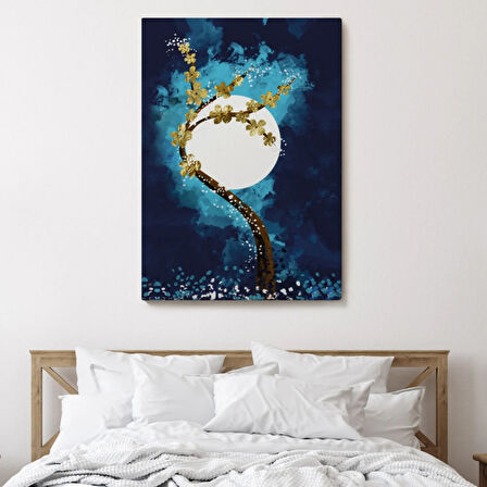 Ay ve Altın Çiçekli Ağaç Soyut Çağdaş Sanat Dekoratif Kanvas Tablo, Duvar Dekoru 4971