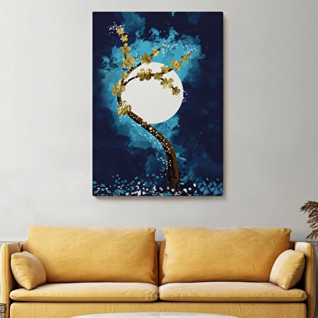 Ay ve Altın Çiçekli Ağaç Soyut Çağdaş Sanat Dekoratif Kanvas Tablo, Duvar Dekoru 4971