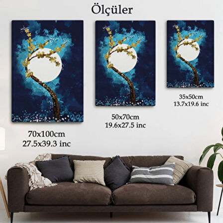Ay ve Altın Çiçekli Ağaç Soyut Çağdaş Sanat Dekoratif Kanvas Tablo, Duvar Dekoru 4971