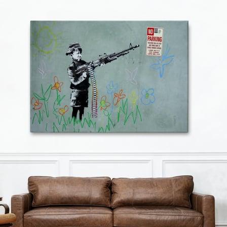 Makineli Tüfek ve Çocuk, No Parking, Banksy Dekoratif Kanvas Tablo, Duvar Dekoru 5008