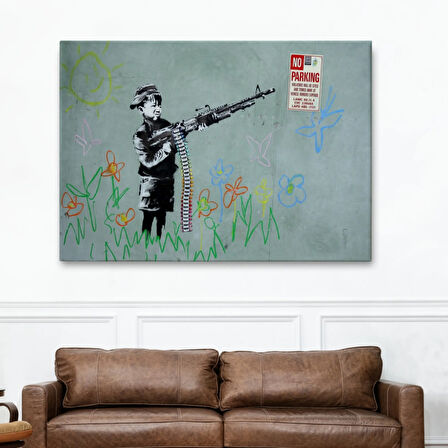 Makineli Tüfek ve Çocuk, No Parking, Banksy Dekoratif Kanvas Tablo, Duvar Dekoru 5008