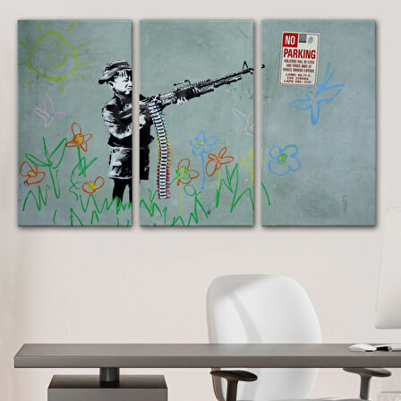 Makineli Tüfek ve Çocuk, No Parking, Banksy Dekoratif Kanvas Tablo, Duvar Dekoru 5008