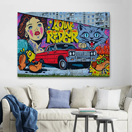 Retro Kırmızı Araba Grafiti Dekoratif Kanvas Tablo, Duvar Dekoru 5027