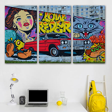Retro Kırmızı Araba Grafiti Dekoratif Kanvas Tablo, Duvar Dekoru 5027