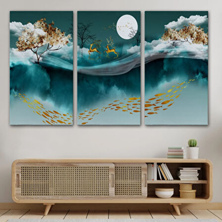 Ormandaki Koşan Geyikler Dijital Sanat Dekoratif Kanvas Tablo, Duvar Dekoru 5040