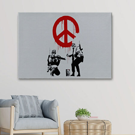 Barış İşareti Yapan Askerler Banksy Dekoratif Kanvas Tablo, Duvar Dekoru 5109