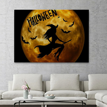 Cadılar Bayramı Süpürgedeki Uçan Cadı Dekoratif Kanvas Tablo, Duvar Dekoru 5200