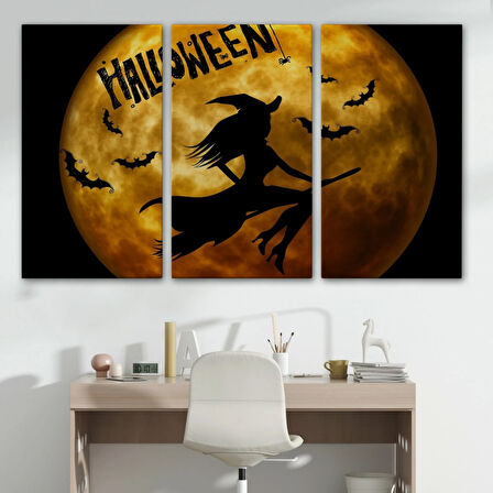 Cadılar Bayramı Süpürgedeki Uçan Cadı Dekoratif Kanvas Tablo, Duvar Dekoru 5200