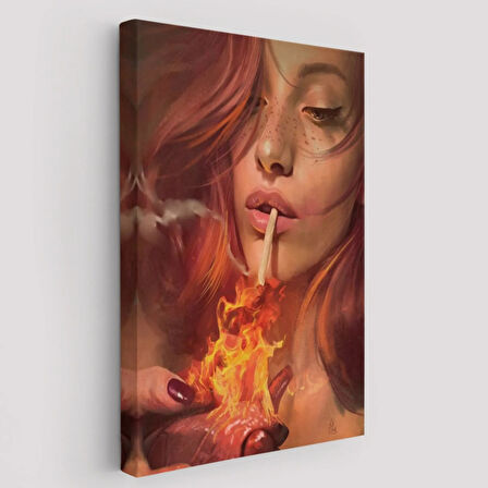 Platonik Aşkın Tavrı Sigarasını Kalpten Yakan Kadın Dekoratif Kanvas Tablo, Duvar Dekoru 5247