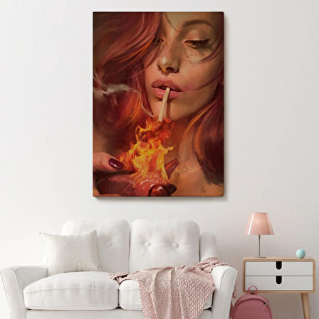 Platonik Aşkın Tavrı Sigarasını Kalpten Yakan Kadın Dekoratif Kanvas Tablo, Duvar Dekoru 5247