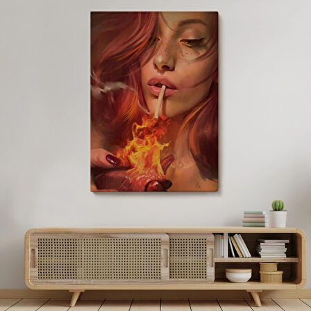 Platonik Aşkın Tavrı Sigarasını Kalpten Yakan Kadın Dekoratif Kanvas Tablo, Duvar Dekoru 5247