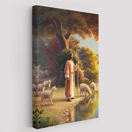 Hristiyan Duvar Sanatı, Kuzular ve Göl Kenarında İsa Mesih Dekoratif Kanvas Tablo 5272